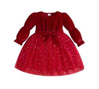 Carolilly Robe Enfant Fillette Automne Hiver en Velours à Manches Longues, Robe A-Line Casual Noël Fête Cérémonie, Rouge Paillette (4-5 Ans)
