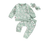 Carolilly Tenue Bébé Fille de 3 Pièces Imprimée Florale, Sweat-Shirt à Manches Longues Col Rond + Pantalon Taille Elastique avec Poche + Bandeau Assorti (0-24 Mois) (Vert, 0-6 Months)