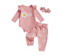 Carolilly Tenue de 1er anniversaire pour fille - Manches longues - Col rond - Broderie florale - Barboteuse + pantalon + bandeau - Ensemble 3 pièces pour bébé, rose, 6-12 mois