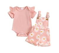 Carolilly Tenue d'été Bébé Fille Ensemble Body à Manches Courtes à Volant + Short Salopette à Fleurs à Bretelles Vêtements 2 Pièces Nouveau-né (Rose Floral, 12-18 Months)