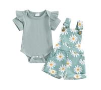 Carolilly Tenue d'été Bébé Fille Ensemble Body à Manches Courtes à Volant + Short Salopette à Fleurs à Bretelles Vêtements 2 Pièces Nouveau-né (Vert Floral, 12-18 Months)