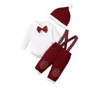 Carolilly Tenue Gentleman Noël Bébé Garçon de 3 Pièces, Body à Manches Longues avec Nœud Papillon à Carreaux + Pantalon à Bretelles et Bonnet Assorti (Rouge, 6-9 Months)