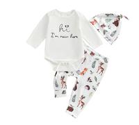 Carolilly Tenue Naissance Nouveau-Né Bébé Unisexe, Ensemble de Vêtement Infantile Body à Manches Lognues Imprimé Lettres + Pantalon + Bonnet (0-12 mois) (Blanc, 6-12 Months)