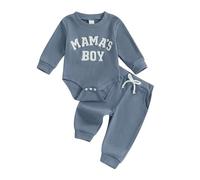 Carolilly Tenue pour bébé garçon, combinaison à manches longues avec broderie de lettres + pantalon à taille élastique uni, ensemble de 2 pièces, vêtements pour nouveau-né, bleu, 6-12 mois