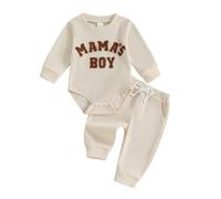 Carolilly Tenue pour bébé garçon, combinaison à manches longues avec lettres brodées + pantalon à taille élastique uni, ensemble de 2 pièces, vêtements pour nouveau-né, beige, 0-3 mois