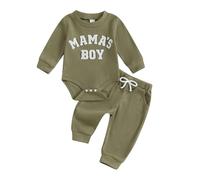 Carolilly Tenue pour bébé garçon, combinaison à manches longues avec lettres brodées + pantalon à taille élastique uni, ensemble de 2 pièces, vêtements pour nouveau-né, vert militaire, 3-6 mois