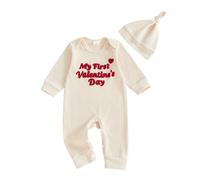 Carolilly Tenue Saint-Valentine Bébé Garçon de 2 Pièces, Combinaison à Manches Longues avec Imprimé 'My First Valentine's Day' + Bonnet Assorti (0-12 mois) (Abricot, 6-12 Months)