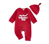 Carolilly Tenue Saint-Valentine Bébé Garçon de 2 Pièces, Combinaison à Manches Longues avec Imprimé 'My First Valentine's Day' + Bonnet Assorti (0-12 mois) (Rouge, 0-3 Months)