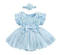 Carolilly Vêtement Nouveau-Né Bébé Fille Eté de 2 Pièces, Barboteuse à Manches Courtes avec Jupette en Dentelle Florale + Bandeau Assorti (0-18 Mois) (Bleu, 3-6 Months)