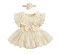 Carolilly Vêtement Nouveau-Né Bébé Fille Eté de 2 Pièces, Barboteuse à Manches Courtes avec Jupette en Dentelle Florale + Bandeau Assorti (0-18 Mois) (Abricot, 6-12 Months)