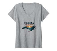 Carolina on My Mind, Amoureux de la Nature au Coucher du Soleil en Caroline du Nord T-Shirt avec Col en V, Femme, Gris Chiné, XL