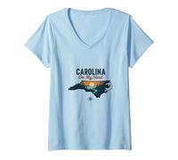 Carolina on My Mind, Amoureux de la Nature au Coucher du Soleil en Caroline du Nord T-Shirt avec Col en V, Femme, Bleu Céleste, M