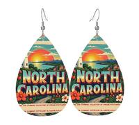 Caroline du Nord Vintage Postca Boucles d'oreilles en cuir en forme de larme pour femme Pendentif avec crochet Mode vintage fête au quotidien, taille unique, Cuir