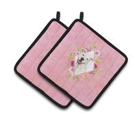 Caroline's Treasures CK4268PTHD Paire de maniques motif Pit Bull Terrier blanc fleurs roses Multicolore