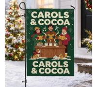 Carols And Cocoa Drapeau de Noël avec citation de Noël 30,5 x 45,7 cm | Thème cacao d'hiver, drapeau de pelouse, illustration de personnes chantantes, chiot mignon, accents de flocon de neige
