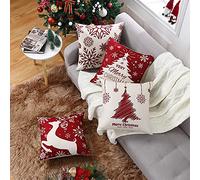 CAROMIO Joyeux Noël Housses de Coussin avec Arbre de Noël Neige et Motif Cerf Housse de Coussin Rouge avec Aspect Lin Taies d'oreiller Décoratives pour Chambre Voiture Salon 45 x 45 cm Lot de 4