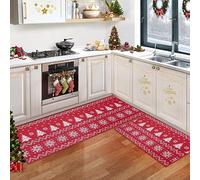 CAROMIO Lot de 2 Tapis de Cuisine de Noël Style Bohème en Lin Tissé - Motif Sapin pour Sol, Salle de Bain, Décorations 40 x 60 cm + 40 x 120 cm