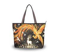 Carorui Sac fourre-tout en tissu, polyester de soie romaine, 18,5 L, multi-poches, fermeture éclair, sac à main réutilisable pour le shopping, les voyages (motif phénix de style chinois, élan, phénix