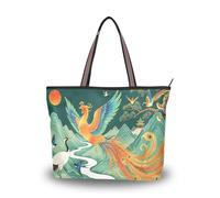 Carorui Sac fourre-tout en tissu, polyester de soie romaine, multi-poches, fermeture éclair, sac à main réutilisable pour le shopping, les voyages (motif paysage phénix de style chinois, 18,5 l)