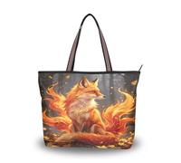 Carorui Sac fourre-tout en tissu, polyester de soie romaine, multi-poches, fermeture éclair, sac à main réutilisable pour le shopping, les voyages (motif renard d'esprit d'automne