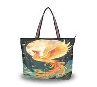 Carorui Sac fourre-tout en tissu, polyester de soie romaine, multi-poches, fermeture éclair, sac à main réutilisable pour le shopping, les voyages (motif phénix et lune de style chinois)