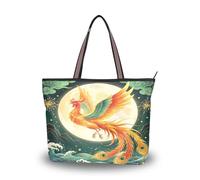 Carorui Sac fourre-tout en tissu, polyester de soie romaine, multi-poches, fermeture éclair, sac à main réutilisable pour le shopping, les voyages (motif paysage de phénix chinois)