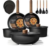 CAROTE Set de Poêles et Casseroles avec Poignées Amovibles, Noir Mat | Batterie de cuisine induction 19 pièces avec revêtement renforcé et kit d’ustensiles silicone, compatible tous feux et four