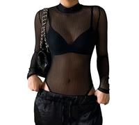 carotoe Rayures col montant manches longues string body hauts étés moulante coupe barboteuse combinaison justaucorps Clubwear Gits femmes à manches longues body
