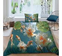 Carpes koï sous l'eau, feuilles de lotus et lumière du soleil 3D Parure De Lit, 3 Pièces Housse Couette Microfibre Ensemble Literie Imprimé Taies D'oreiller, Pour Adultes Et Enfants Single（135x200cm）
