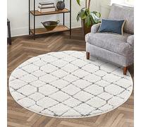 carpet city Shaggy Tapis de salon, à poils longs, 120 x 120 cm, rond, style scanddi aspect losange, crème, gris, coupe boucle, haute profondeur, effet 3D, moelleux, doux, pour chambre à coucher, à