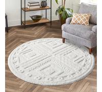 carpet city Skandi Tapis de salon, à poils longs, crème, 120 cm, rond, motif de profondeur, effet 3D, losanges, style bohème, pour chambre à coucher