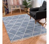 carpet city Tapis de salon, 120 x 170 cm, bleu, crème, à poils courts, moderne, motif losanges, avec franges, fils de chaîne, pour chambre à coucher, salle à manger