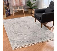 carpet city Tapis de salon, 200 x 290 cm, beige, gris, à poils courts, moderne, motif d'ornement classique avec franges, fils de chaîne, pour chambre à coucher, salle à manger