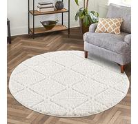 carpet city Tapis de salon à poils hauts Crème - 160 cm Rond - Motif carreaux profonds, effet 3D - Tapis de lit pour chambre à coucher, tapis Boho, Scandi