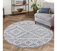 carpet city Tapis de salon, à poils longs, 120 x 120 cm, rond, style maison de campagne, ethnique, gris, à boucle découpée, très profond, effet 3D, moelleux, doux, chambre à coucher