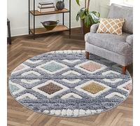 carpet city Tapis de salon à poils longs - 200 x 200 cm - Rond - Boho-chic ethnique - Gris - Multi - Cut-Loop - Effet 3D - Tapis shaggy moelleux et doux pour chambre à coucher