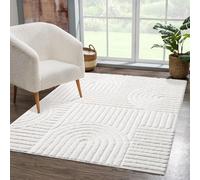 carpet city Tapis de salon, à poils longs, crème, 160 x 230 cm, motif profond, effet 3D, géométrique, tapis de chambre à coucher, style bohème, Skandi
