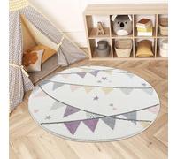 carpet city Tapis pour chambre d'enfant 160 cm rond - Tapis pour enfant crème, violet - Fanions, étoiles - Tapis de jeu pour enfants - Décoration de chambre de bébé