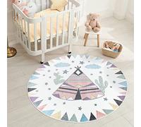carpet city Tapis pour chambre d'enfant - Aspect indien - Rond - Crème - Multicolore - Tapis rond pour enfant à poils courts avec tente Tipi - Poils doux
