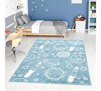 carpet city Tapis pour chambre d'enfant - Bleu - 160 x 230 cm - Tapis pour enfant à poils courts avec étoiles, missiles, planètes - Poils doux