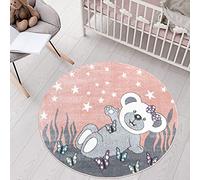 carpet city Tapis pour chambre d'enfant Motif ours en peluche - Rose, gris - 120 cm - Rond - Pour enfant - À poils courts avec étoiles, papillons - Poils doux