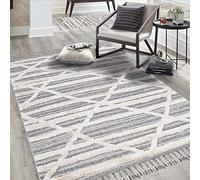 carpet city Tapis Salon Style Boho Gris Bleu Crème - 160x230 cm - Motif Rayures Losanges - Aspect Relief Effet 3D - Coupe & Marche, Sisal - Moderne à Franges Tapis Chambre