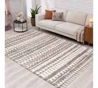carpet city Tapis shaggy à poils longs Gris/taupe - 100 x 300 cm - Motif à rayures ethniques - Franges et fils de chaîne - Moelleux et doux - Pour chambre à coucher et salon
