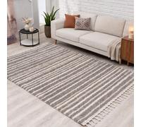 carpet city Tapis shaggy à poils longs Gris/taupe - 240 x 340 cm - Motif à rayures, franges et fils de chaîne - Moelleux et doux - Pour chambre à coucher et salon