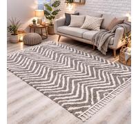 carpet city Tapis shaggy à poils longs Gris/taupe - 80 x 250 cm - Motif chevron, franges et fils de chaîne - Moelleux et doux - Pour chambre à coucher et salon
