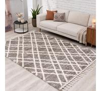 carpet city Tapis shaggy à poils longs Gris/taupe - 80 x 300 cm - Motif grillage, franges et fils de chaîne - Moelleux et doux - Pour chambre à coucher et salon