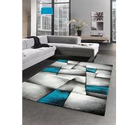 CARPETIA Modern Tapis Poil Ras Tapis de Salon résumé Karo Noir Gris Blanc Turquoise Größe 80x150 cm