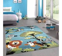 CARPETIA Tapis d'animaux de la forêt en Bleu: l'accessoire Parfait pour Une Chambre d'enfant Joliment Sauvage, 140 x 200 cm