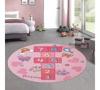 CARPETIA Tapis de Jeu Enfants Marelle Couronne de Cœur & Château Princesse en Rose, 200 cm Rond