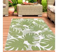 CARPETIA Tapis d'extérieur Moderne résistant aux intempéries Facilement réversible Tapis Plastique Camping Balcon Jardin terrasse Feuilles de Palmier Vert/Blanc 150 x 220 cm